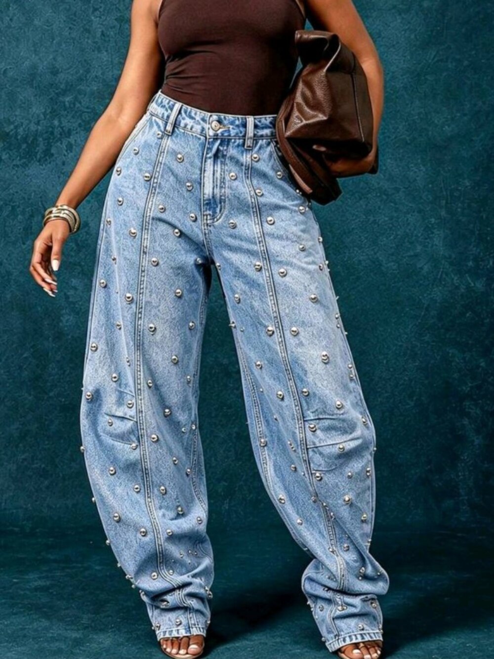 Women's Round Stud Rivet Washed Blue Jeans, High Waist Seamed Wide Leg Denim